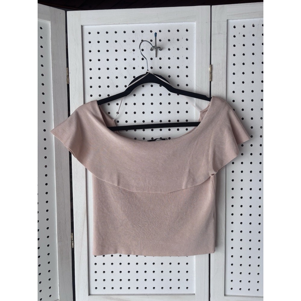 Zara Knit Women's Lg Beige‎ Ruffle Boat Neck Cap Sleeve Cropped Sweater